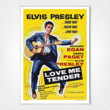 A poster for the 1956 film Love Me Tender starring Elvis Presley.