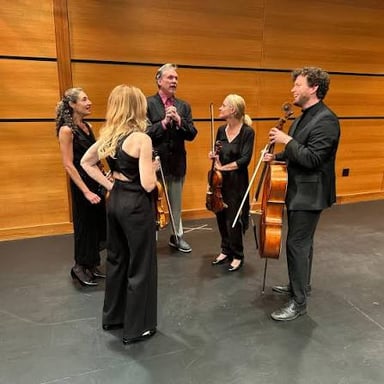 Four musicians performing together as a string quartet.
