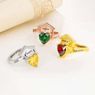 A graduation cap and wedding rings represent major life events.