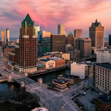 The Milwaukee skyline beside Lake Michigan.