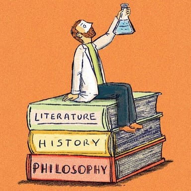 Books and artworks representing subjects such as literature, history, philosophy, and art.