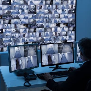 A person watching several security camera screens