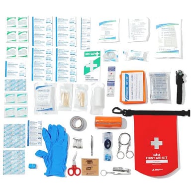 A first-aid kit with supplies used for essential care.