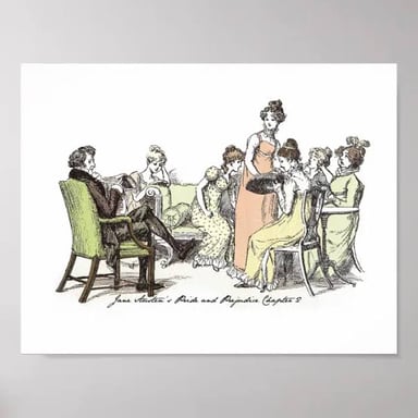 An illustration depicting the Bennet family from *Pride and Prejudice*.