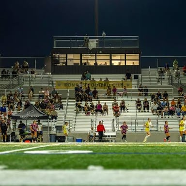 Spectators seated in stadium bleachers watching a sporting event.