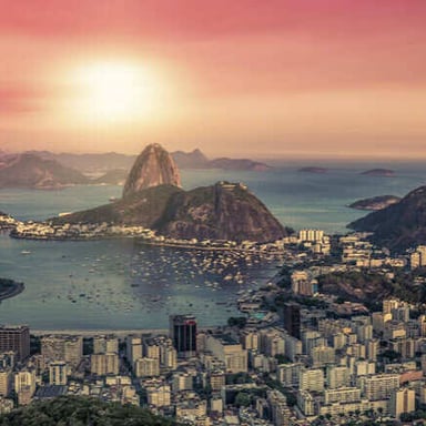 Sugarloaf Mountain rising beside Guanabara Bay in Rio de Janeiro.