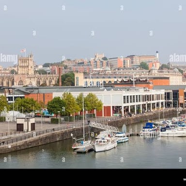 A view of Bristol, England, showing its harbor and city skyline.