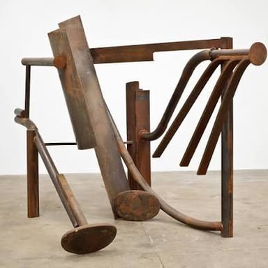An abstract metal sculpture by British sculptor Sir Anthony Caro