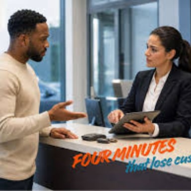 Two businesspeople exchanging documents across a desk.
