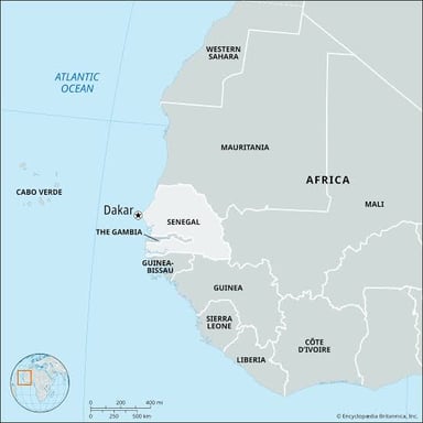 A map showing Senegal on Africa’s Atlantic coast at the continent’s western edge.