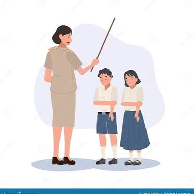 A teacher sternly speaking to a student.