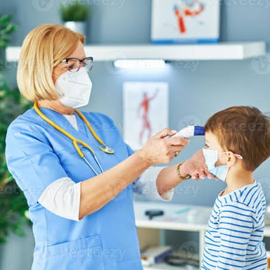 A doctor examining a child during a clinic visit.