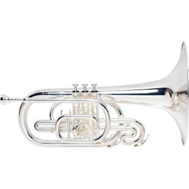 A brass mellophone being played in a marching band.
