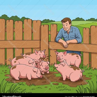 A person standing among pigs in a farm sty.