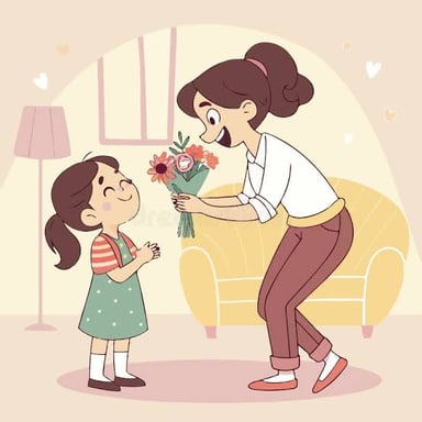 A mother comforting a child with a caring gesture.