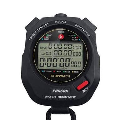 A digital stopwatch displaying elapsed time and lap splits.