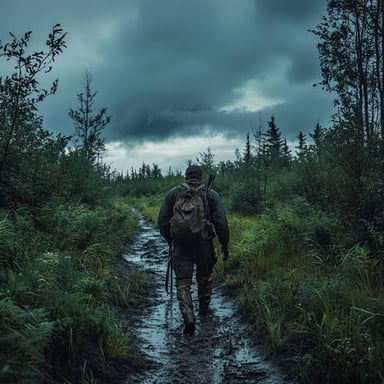 A hiker making a way through thick forest undergrowth.