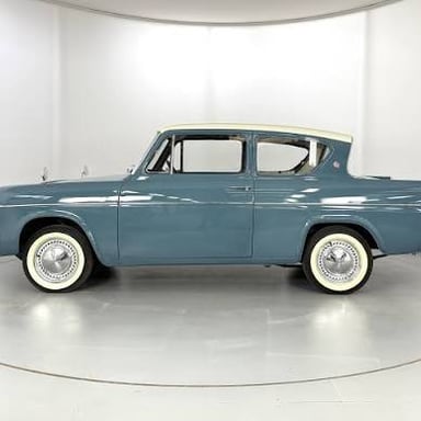 A classic Ford Anglia car.