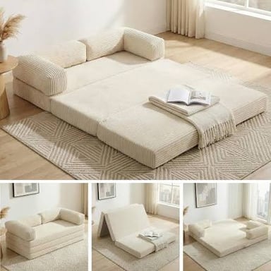 A futon opened flat for use as a bed.