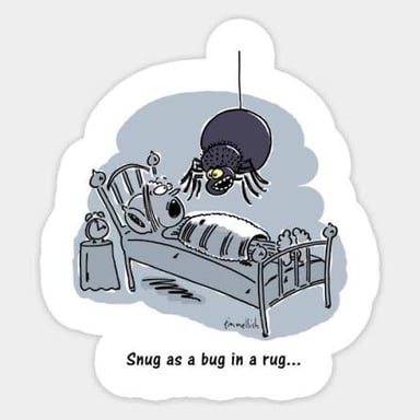 An illustration of a small bug cozily tucked inside a rug.