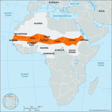 Map marking the Sahel belt along the southern edge of the Sahara.