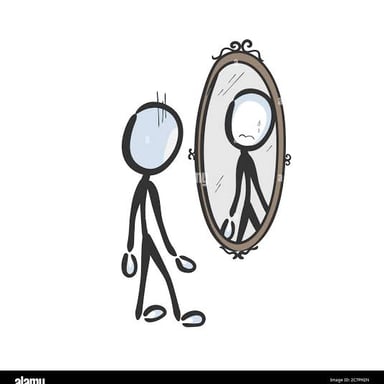 A person studying their reflection with a hesitant expression.