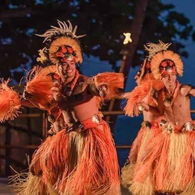 A dancer performs hula in a traditional Hawaiian setting.