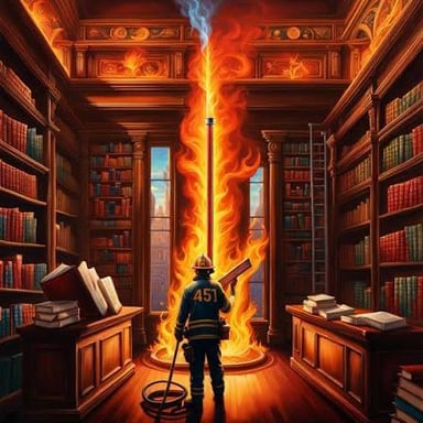 Illustration of a fireman burning books, reflecting the firemen’s role in Fahrenheit 451.