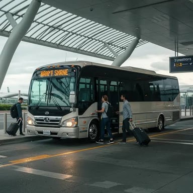 A shuttle bus waiting outside an airport terminal.