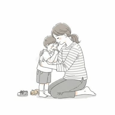 A mother comforting a young child.