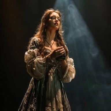 An actress performing a character onstage in costume.