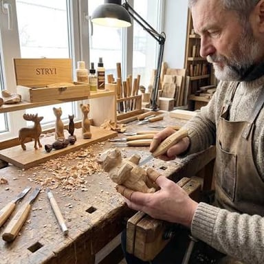 A person shaving a small piece of wood with a carving knife.