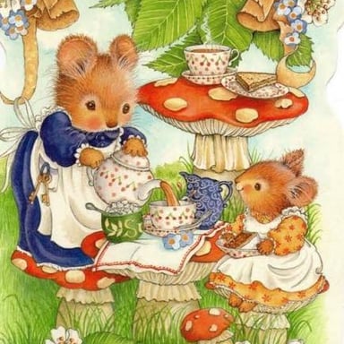 A cheerful tea-party scene shown in a vintage illustration.