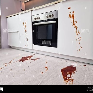 Groceries have spilled onto a kitchen floor.