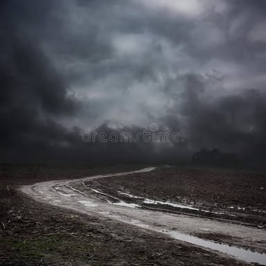 A bleak landscape beneath a dark, overcast sky.
