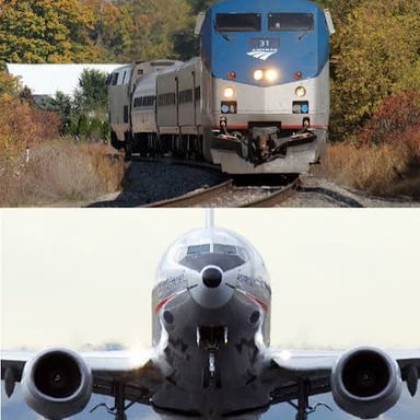 An airplane and a passenger train representing different types of vehicles