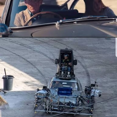 Stunt performers rehearse a choreographed action scene on a film set.