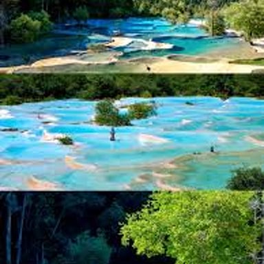 Colorful mineral pools at Huanglong in Sichuan, China.