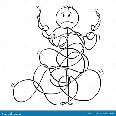 A person surrounded by tangled ropes, suggesting involvement in a complication.