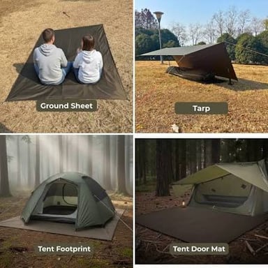 A waterproof groundsheet spread beneath a camping tent.