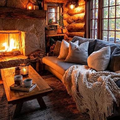 A warm, comfortable cabin interior with blankets and a fireplace.