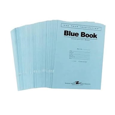 Blue exam booklets used by college students for written tests