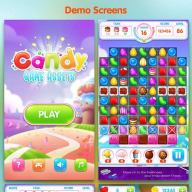 A colorful match-three puzzle board with candies arranged in a grid.