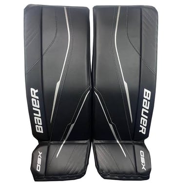 An ice hockey goalie wearing large protective leg pads