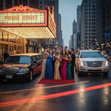 A stretched limousine, a formal luxury car often used for group outings.