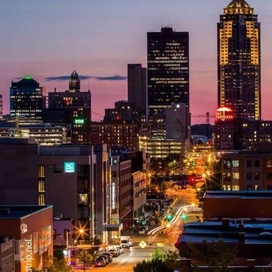 The downtown skyline of Des Moines, Iowa.