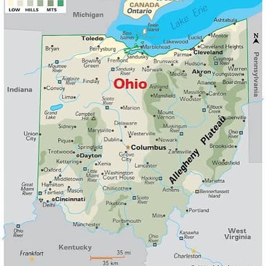 A map locating Ohio along the southern shore of Lake Erie.