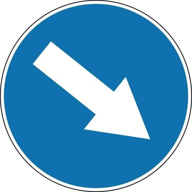 A road sign directs travelers around an obstacle in their path.