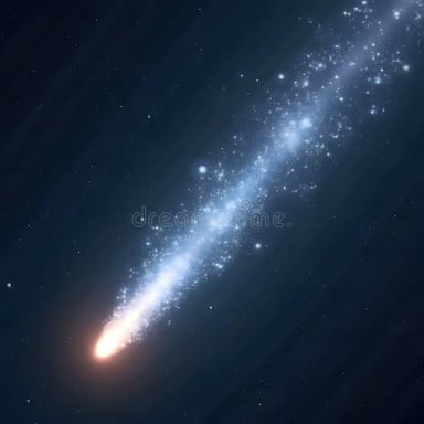 A comet appearing as a bright point with a long tail against a dark sky.