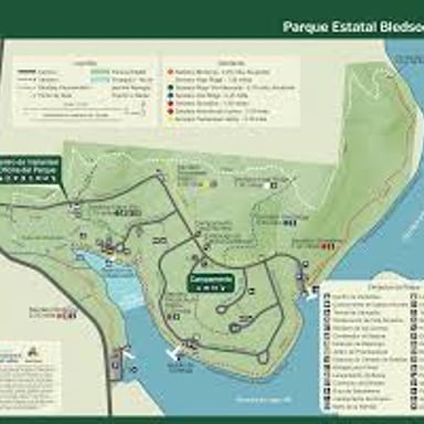 A state park map marking trails and visitor facilities.